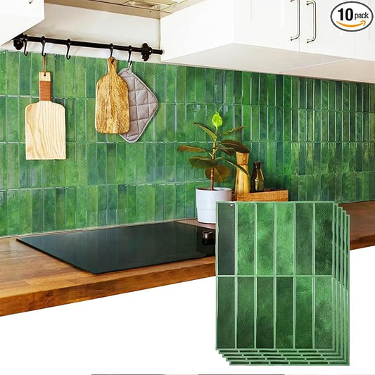 10 Sheet Thicker Subway Tiles Peel and Stick Backsplash,Splash Proof Green Rectangular Self-Adhesive Wall Tiles for Kitchen and Bathroom(11.4" x 9")