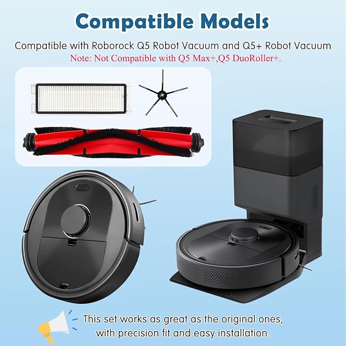 Q5 Replacement Accessories Kit Compatible with Roborock Q5 / Q5+ Plus(Not for Q5 Max / Q5 Pro) Robot Vacuum, 2 Main Brushes, 6 Washable Filters, 8 Side Brushes, 1 Cleaning Tool, 1 Screwdriver