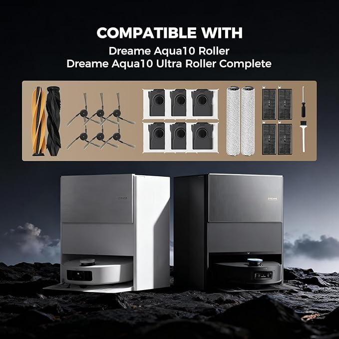 22PCS Aqua10 Roller Accessories Sets for Dreame Aqua10 Roller/Aqua10 Ultra Roller Robot Vacuum Cleaner: 2 Main Brushes 6 Dust Bags 6 Side Brushes 4 Filters 2 Roller Mops 1 Cleaning Brush 1 Screwdriver