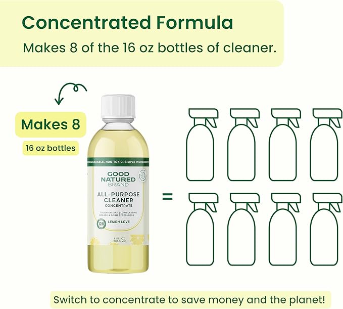 Good Natured Brand All-Purpose Cleaner Concentrate | Multi-Surface Cleaner | Natural Lemon Essential Oil | Multipurpose Cleaner Concentrate All Surfaces | Lemon Love | 8oz makes 128oz
