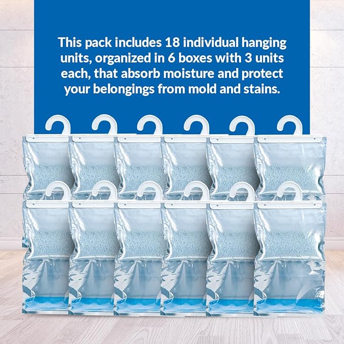 HUMYDRY Hanging Moisture Absorber Bags, 18 Count, 6 Packs of 3 Unscented 15.9 Oz Dehumidifiers for Closets Wardrobes Storage Areas, Non Electric Humidity Absorbers for Small Enclosed Spaces