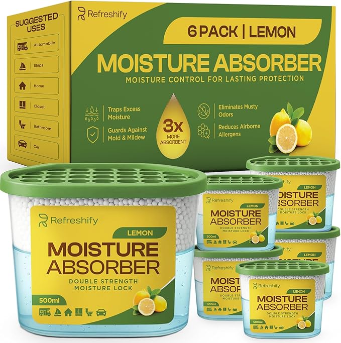 Premium Moisture Absorbers and Dehumidifier Tubs – High-Efficiency Closet Dehumidifier and Dehumidifier for Car, Odor Control Lemon Scent, 6 Pack, 7.5 Oz