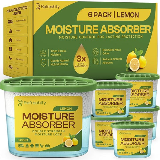Premium Moisture Absorbers and Dehumidifier Tubs – High-Efficiency Closet Dehumidifier and Dehumidifier for Car, Odor Control Lemon Scent, 6 Pack, 7.5 Oz