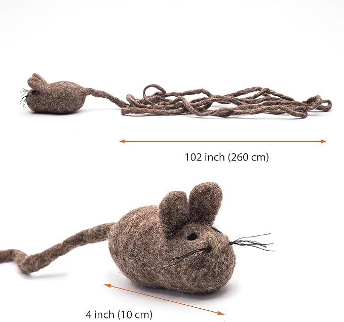 Glaciart One Felt Mouse Cat Toy – Soft Fuzzy Enrichment 100% Natural Wool - Interactive Catnip Play Cat Toy Set - Safe for Pets, Non-AZO Colored Dyes - 100” Long