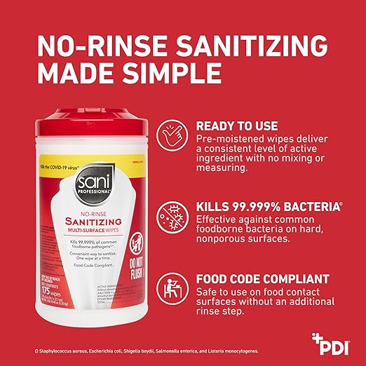 PDI - Professional Disposables, Intl.-P66784 Sani-Wipe Non-Rinse Food Contact Hard-Surface Sanitizing Wipe, 7.75" x 5", 175/can