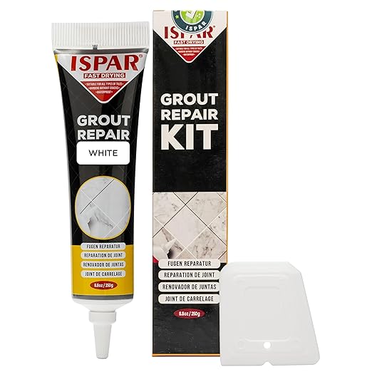 Tile Grout Repair Kit – White Grout Filler 8.8 oz, Pre-Mixed Caulk & Grout Paint for Shower, Bathroom, Floor Tiles – Quick-Dry Tile Grout Sealer with Spatula