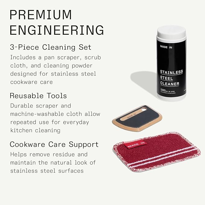 Made In Cookware | 3-Piece Stainless Steel Cleaning Set | Includes Pan Scraper, Scrub Cloth & Stainless Steel Cleaner | Complete Cleaning System | Crafted in USA