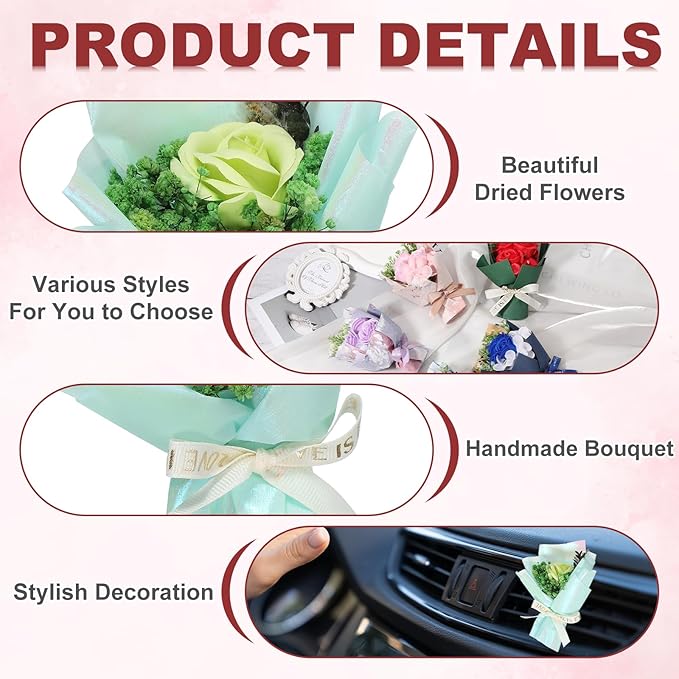 uxcell Light Green Small Bouquet Car Air Freshener Vent Clips, Mini Decorative Rose Bouquet with Fragrance Diffuser for Women, Automotive Air Freshener Decoration, Style 4