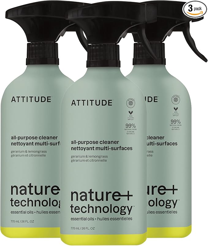 ATTITUDE All-Purpose Cleaner Spray, Natural Origin Ingredients, EWG Verified, Removes Fingerprints, Dust and Dirt, Streak-Less, Geranium & Lemongrass, 26 Fl Oz (Pack of 3)