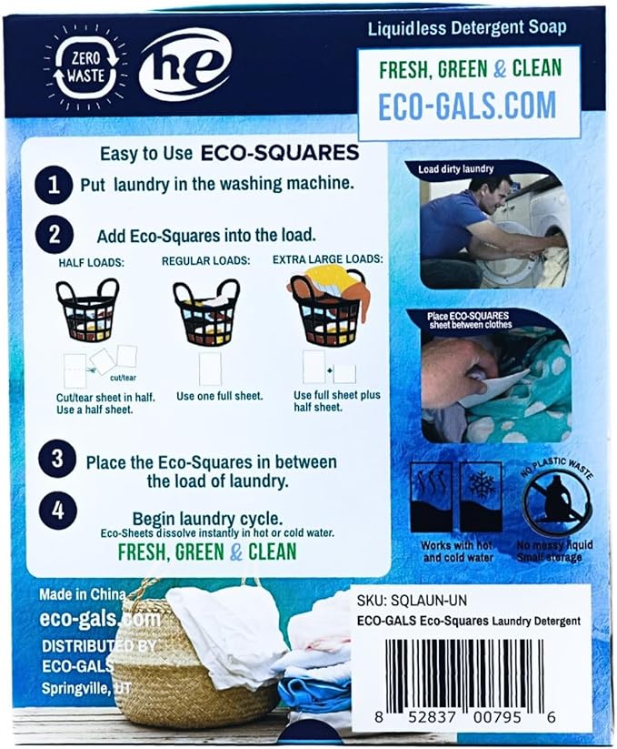 Eco-Squares laundry detergent sheets with zero waste dry soap technology for cleaning linen and clothes in regular and high efficiency top or front load washing machines, Unscented
