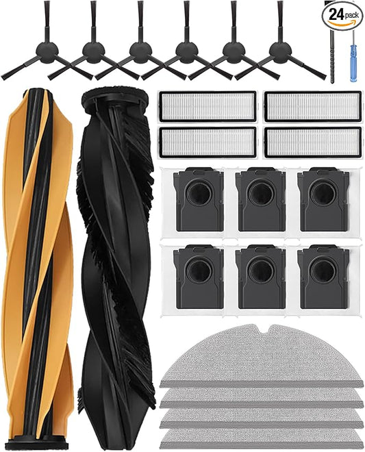 D20 Plus Accessories for Dreame robot Vacuum Cleaner, replacement parts include: 2 Main Brushes, 6 Side Brushes, 4 HEPA Filters,6 Dust Bags,4 Wipes,1 cleaning brush,1 Screwdriver-Yivy 24 pcs