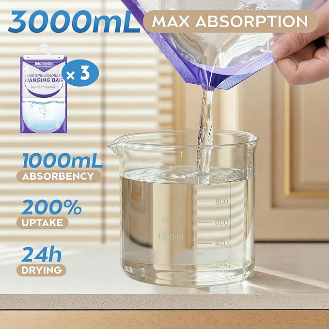Hanging Moisture Absorbers 3 Pack Net Wt. 17.5oz/Pack, Lavender Fragrance Closet Dehumidifier Bags, Odor Eliminator & Humidity Absorber, Humidity Packs for Bathroom, Bedroom, Basement, Car, RV & Boat