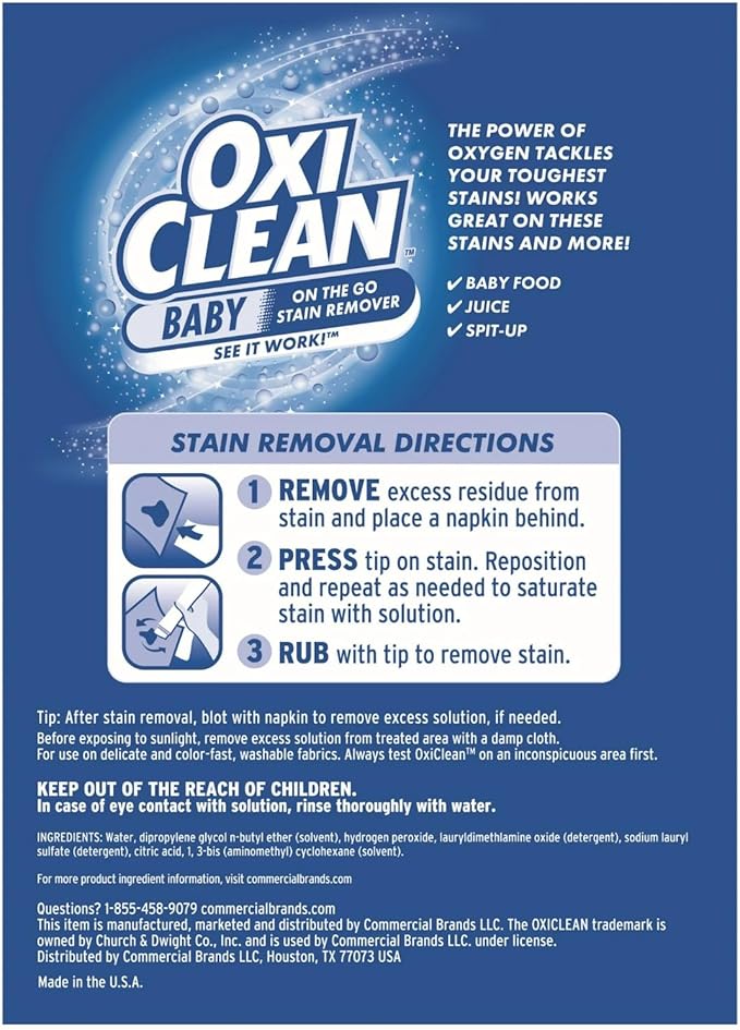 OxiClean Baby On-The-Go Stain Remover Pen, Instant Baby Clothes Stain Cleaner for Food Formula Spit-Up, Gentle Travel Size Laundry Stain Stick, Fragrance Free, 4 Pack, 22 mL Each