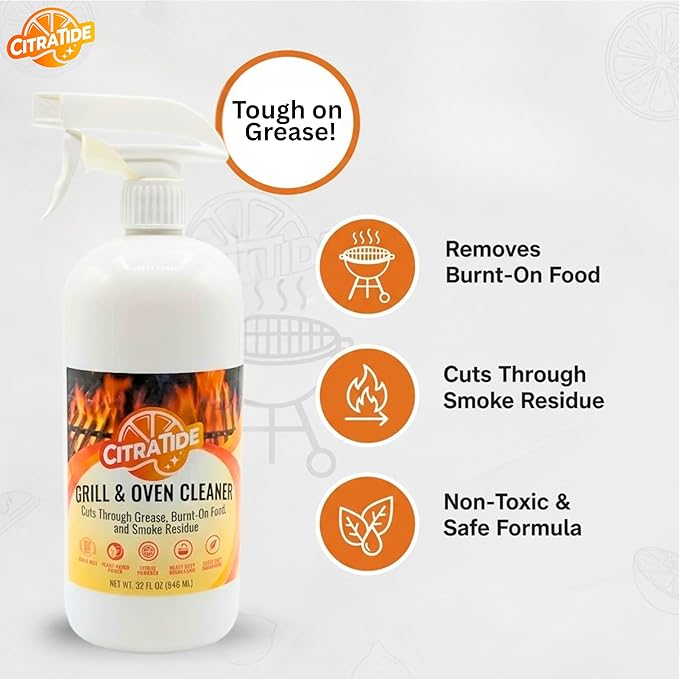 Grill & Oven Cleaner Spray – Heavy Duty Plant-Based Citrus Degreaser Cleans and Degreases BBQ Cooking Grates and Racks, Pellet and Electric Smokers– Non-Toxic, USA Made (32 fl oz)