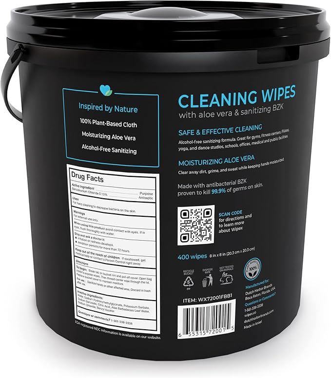 Wipex Fitness Wipes Bundle - Get 2 Buckets (1) Lemongrass Plant-Based Fitness Equipment Wipes & (1) Sanitizing BZK Bucket for Hands, Safe on Skin, Great for Home, Studios and Gyms, 400 Ct (Pack of 2)