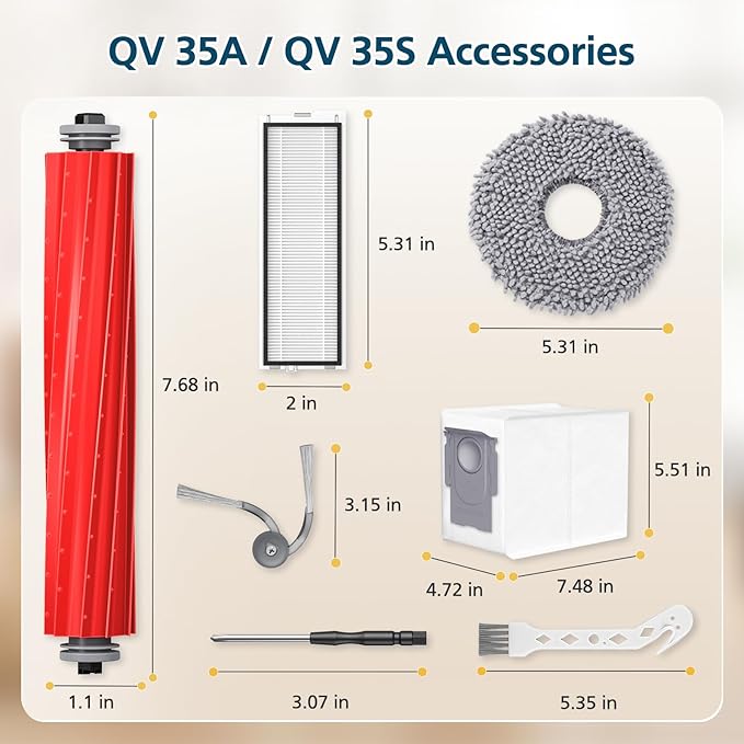 26 Pack Replacement Accessories for Roborock QV 35A / QV 35S Robot Vacuum, 2*Main Brush, 6*Side Brush, 4*Filters, 6*Mop Pads, 6*Dust Bag, 2*Tools