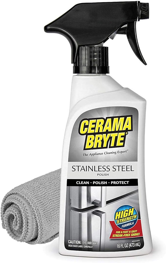 Cerama Bryte High Strength Protective Stainless Steel Appliance Cleaner & Polish Spray with Mineral Oil - 16 oz, Includes Large Microfiber Cloth