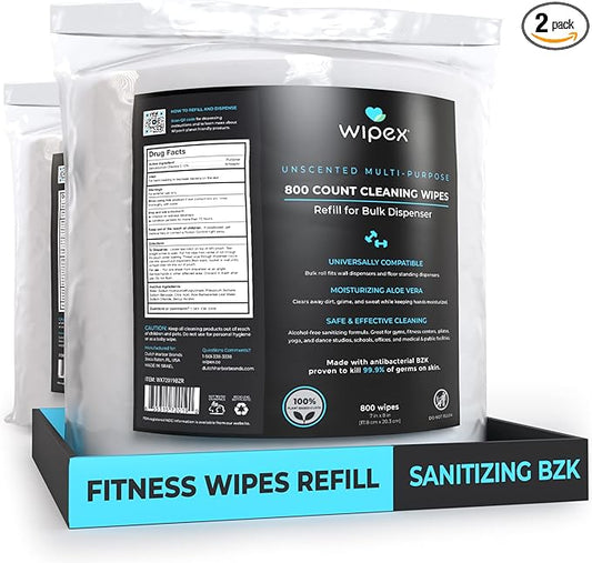 Wipex Gym & Fitness Wipes, 800 ct with BZK Antiseptic Refill Roll for Dispensers 2 Packs (1600 Wipes)