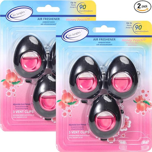 Air Jungles Car Air Freshener Vent Clip 3 Count (Pack of 2), Honey Peach Scent, 4 ml Each, Long-Lasting Car Odor Eliminator, Easy Clip-On Design, Up to 180 Days Freshness for Cars, Trucks, and SUVs
