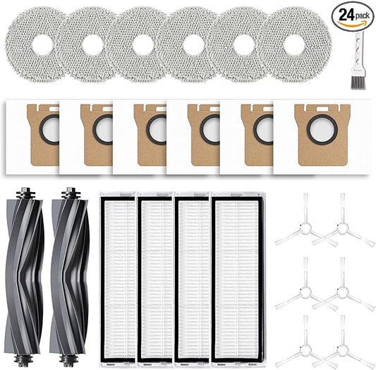 24Pcs Replacement Parts for Dreame L10s Ultra/L10 Ultra Vacuum Cleaner Accessories Kit, 2 Main Brush, 4 HEPA Filters, 6 Mop Pads, 6 Dust Bags, 6 Side Brushes [Not for L10s Pro Ultra Heat]