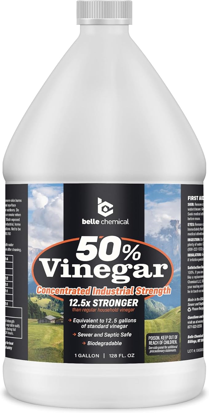 Belle Chemical 50% Pure Concentrated Vinegar – 12.5x Stronger – Indoor and Outdoor Cleaner (1 Gallon)