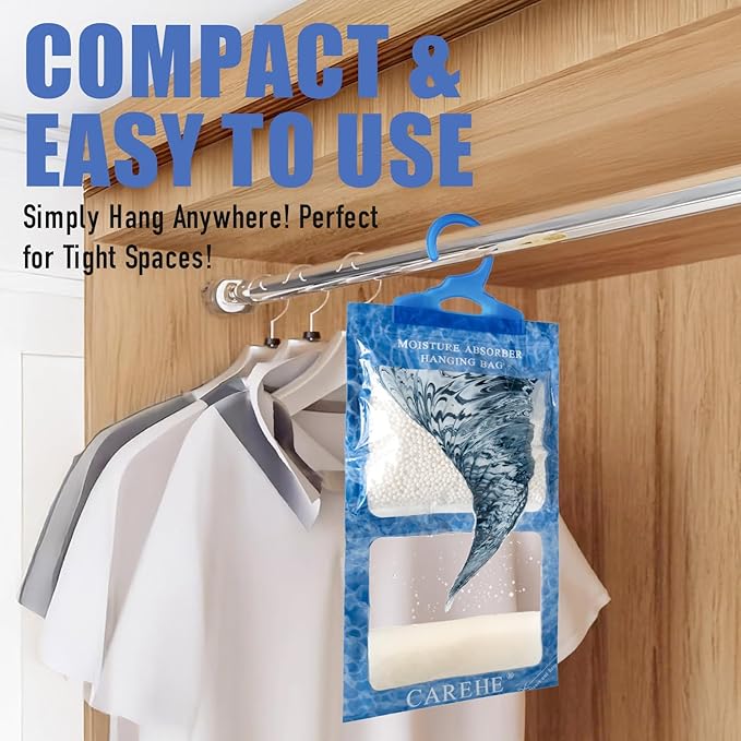 Hanging Moisture Absorbers Bags, Effective Dehumidifiers for Closet, Wardrobe & Bedroom, Absorbs Excess Humidity, Prevents Dampness & Odor, Easy to Use & Long-Lasting Fragrance-Free