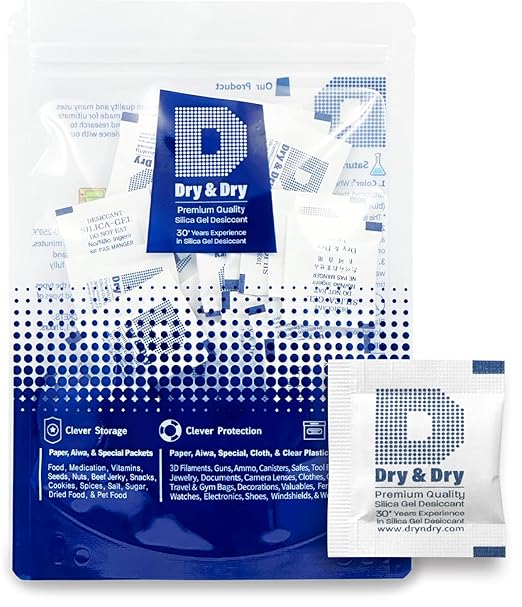 Dry & Dry 1 Gram [100 Packets] Silica Gel Packets Desiccants, Silica Packets - Rechargeable Moisture Absorbers for Food Storage, Electronics, 3D Filament & Safes