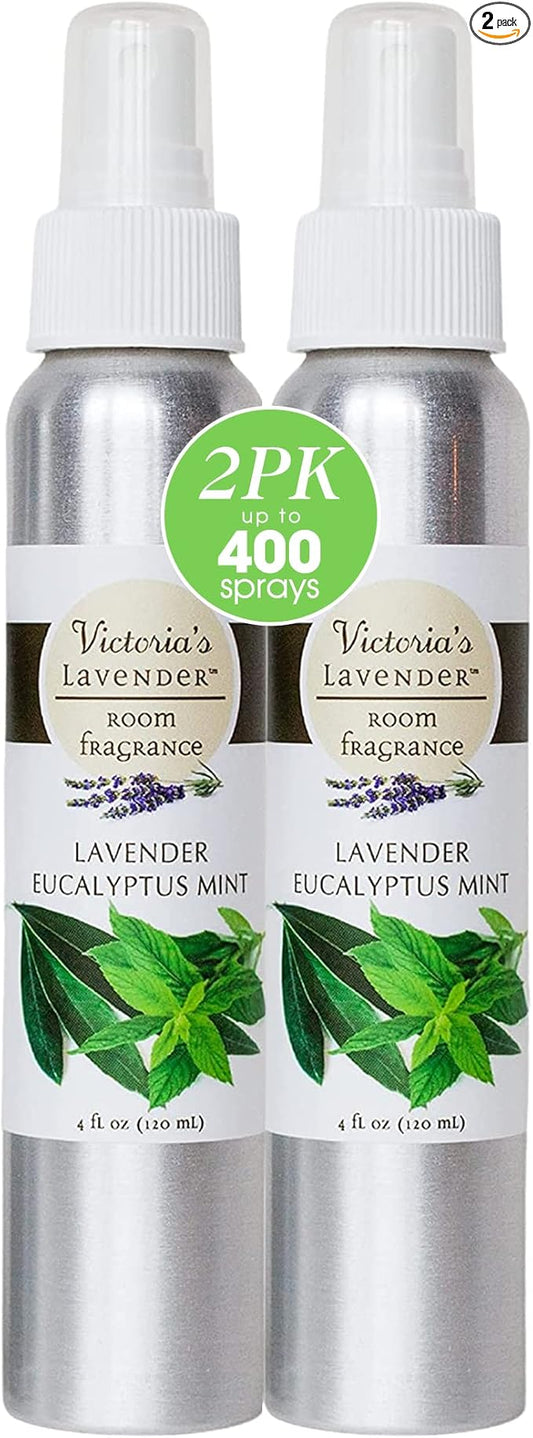 Victoria's Lavender Room Fragrance Spray - Natural Air Freshener & Odor Eliminator, Luxury Essential Oil for Home & Bathroom, Aromatherapy, Ideal Holiday Gift, Lavender Eucalyptus Mint - 2 Pack, 4 oz