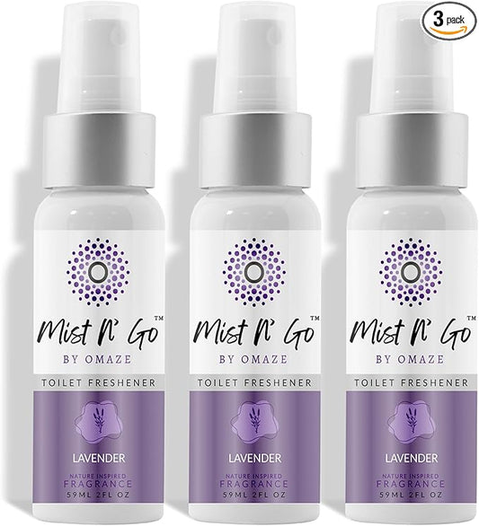 Mist N??Go by Omaze Travel Bathroom Spray for Toilet Spray Odor Eliminator - Travel Toilet Spray for Bathroom Air Freshener Spray for Bathroom Deodorizer - Lavender Regular Size (2oz x3)