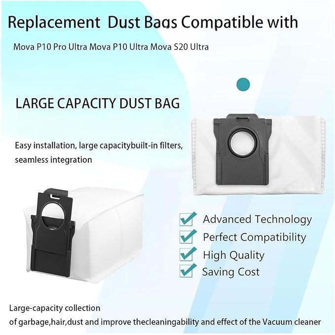 Replacement Dust Bags Compatible With Mova P50 pro Ultra / P10 Pro Ultra / P10 Ultra / S20 Ultra Self-Empty Station Vacuum Cleaner, Spare Parts Accessories