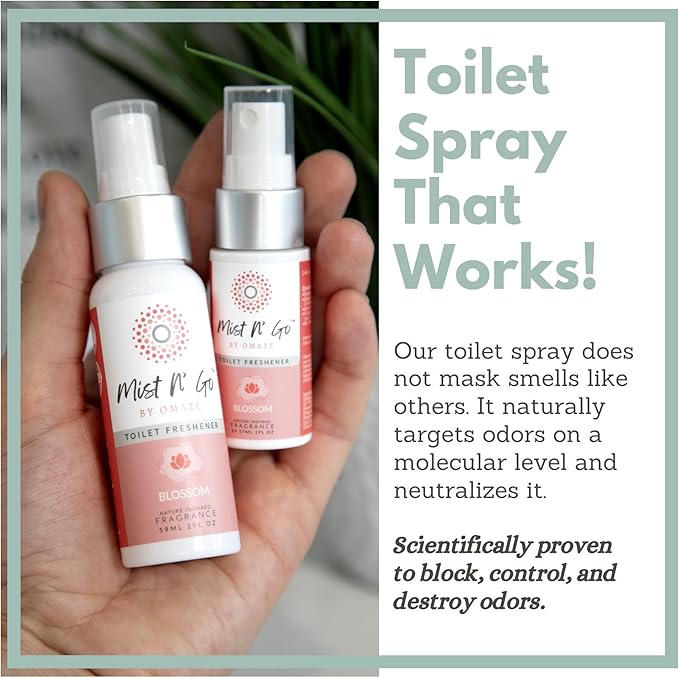 Mist N' Go by Omaze Travel Toilet Spray Odor Eliminator - Freshens Bathroom Air & Deodorizes - Blossom Daily Pack (2oz + 1oz)