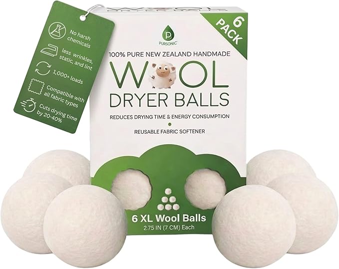Pursonic XL Laundry Wool Dryer Balls Made with 100% Pure New Zealand Wool - Natural Reusable Fabric Softener Balls for Drying Time & Energy Consumption - Reduces Clothing Wrinkles & Lint - Set of 6