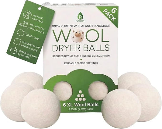 Pursonic XL Laundry Wool Dryer Balls Made with 100% Pure New Zealand Wool - Natural Reusable Fabric Softener Balls for Drying Time & Energy Consumption - Reduces Clothing Wrinkles & Lint - Set of 6