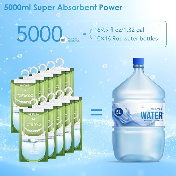 Moisture Absorbers 10 Pack Fresh Fragrance, Hanging Closet Dehumidifier Bags, Humidity Absorber, Compact Eliminates Odors Humidity Packs for Car, Bathroom, Bedroom, Basement, 9.8OZ