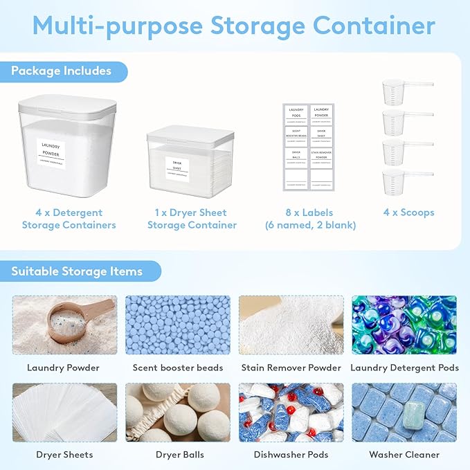 Lifewit 5 Pcs Laundry Pods Container with Pop-up Lid, Dryer Sheet Holder, Laundry Room Organization Storage Jars for Washing Powder, Soap, Scent Booster Beads, 2700 +4500ml/0.72+1.2gal