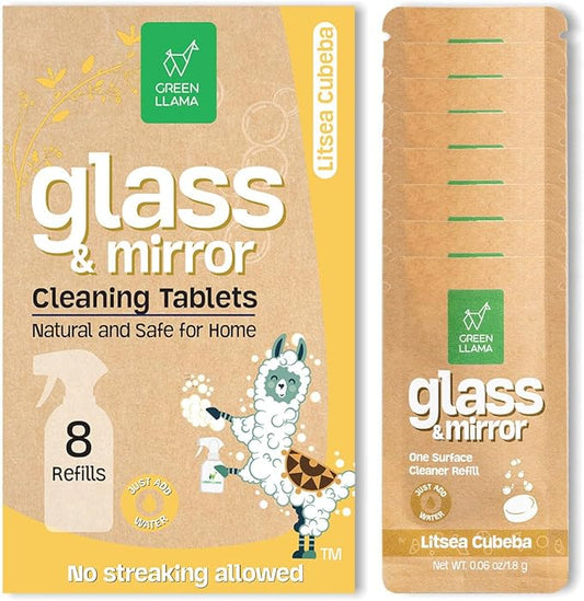 Green Llama Window and Glass Refill 8-Pack - Certified Compostable Packaging, Natural Cleaning Solution for Windows and Glass - Eco-Friendly and Sustainable
