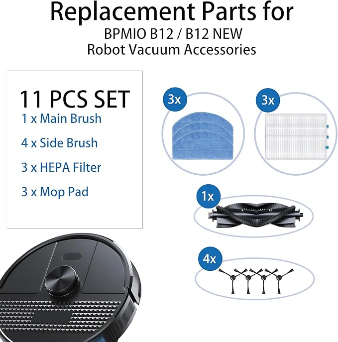 Replacement Parts for BPMIO B12 / B12 NEW Robot Vacuum Accessories 1 Main Brush 4 Side Brush 3 HEPA Filter 3 Mop Pad