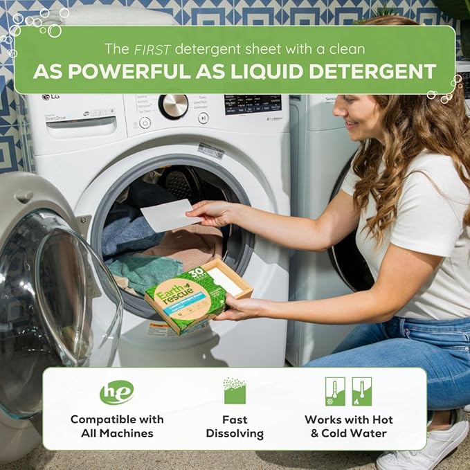 Earth Rescue Laundry Detergent Sheets - Up To 60 Loads (30 Sheets) - Ultra Concentrated Liquidless Dry Laundry Detergent, Ideal For Sensitive Skin, Eco Friendly, Plastic Free - Fresh Linen