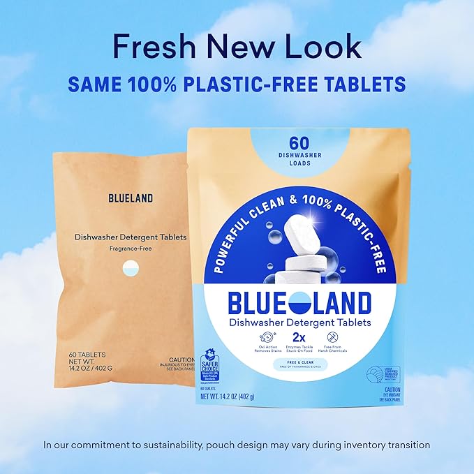 BLUELAND 100% Plastic-Free Dishwasher Detergent Tablets, 36 Count, Free & Clear, Eco-Friendly Dishwashing Pods, Natural, USDA Certified biobased