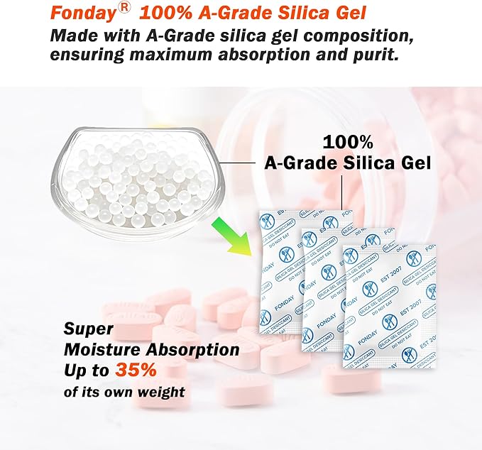 2g x 100 Packs Fonday Food Grade Silica Gel Desiccants Packs Moisture Absorbers Dehumidifier for Food Storage, Electronics, 3D Filament & Safes