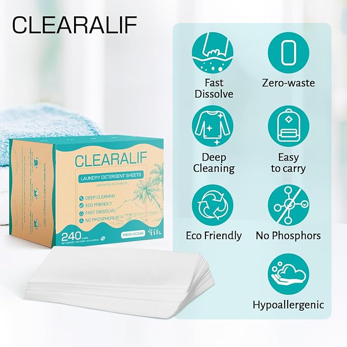 CLEARALIF Laundry Detergent Sheets Up to 240 Loads, FRESH OCEAN - Great For Travel,Apartments, Dorms,Laundry Detergent Strips Eco Friendly & Hypoallergenic