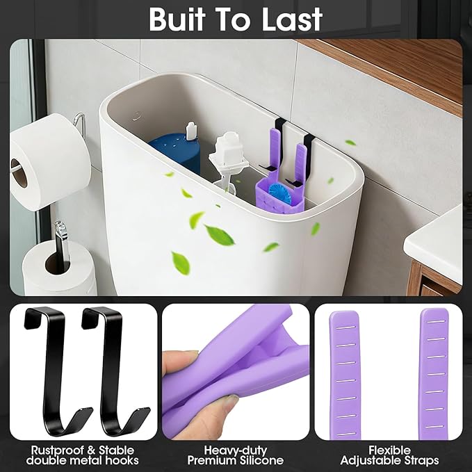 Adjustable Toilet Tank Tablet Holder-Hanging Silicone Basket Carrier with Rustproof Hooks for Bowl Cleaner & Bleach Tablet Hanger Pouch Organizer, Accessory Fit Up to 7" Water Level