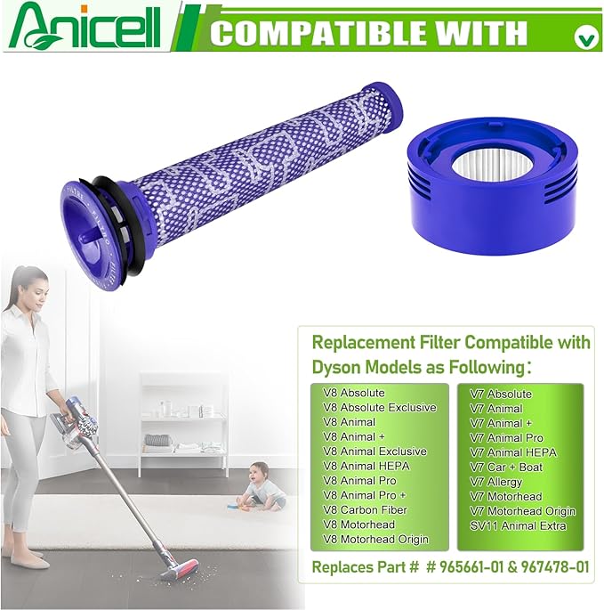 V8 V7 Filter Replacement for Dyso.n V8 Animal V8 Absolute V8 Motorhead SV10 V7 Animal Cordless Stick Vacuum Cleaner, 4 HEPA Post Filters+4 Pre Filters, Parts # 967478-01 & 965661-01