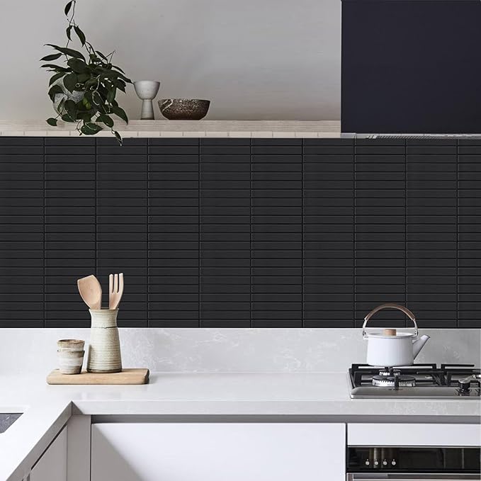 Peel and Stick Finger Tiles for Kitchen, Premium Large Design Matte Black Tiles Stick on Backsplash for Bathroom, Kitchen, RV, Etc（10-Sheet,12''×12''）.