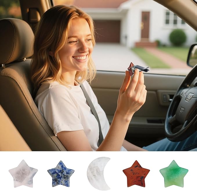 Boho Car Decor, 5pcs Stars Moon Air Vent Clips, Natural Stone Crystals Air Vent Clips, Refillable Car Fresheners,Hippie Decorations Accessories for Women, Best Wishes for Lover and Friend