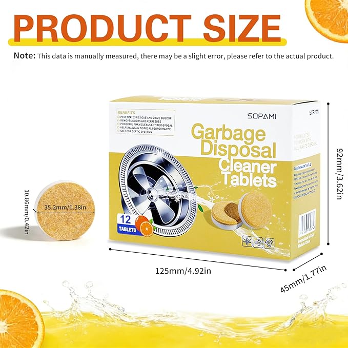 SOPAMI Garbage Disposal Cleaner Deodorizer Tablets 12 Pack Powerful XL Foaming Tablets with Fresh Citrus Scent, Natural Formula Cleans Sink Grind Chamber & Drainpipe, Dishwasher Cleaner Compatible