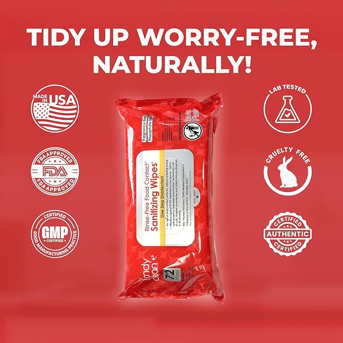 HandyClean Rinse-Free Food Contact Sanitizing Wipes Pouch, Multi Surface Cleaning Supplies for Kitchen and Professional Setting - 1 pack, 71 count