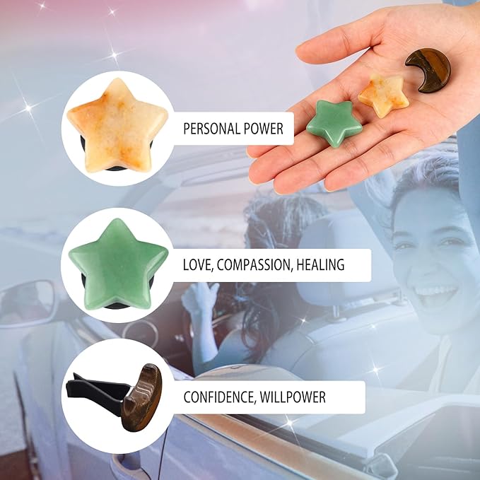 Moon Stars Car Decor,Boho Air Vent Clips,Refillable Car Fresheners,3pcs Natural Crystal Stone Hippie Dashboard Decorations Accessories,Best Wishes for Lover and Friend (Green & Yellow)