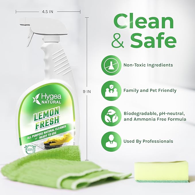 Hygea Natural Lemon Fresh All Purpose Cleaner - Chemical-Free Multi-Surface & Floor Cleaner - Removes Soil, Dirt & Grease - Wet Gloss Finish - Biodegradable, pH-Neutral & Ammonia Free (24oz Spray)