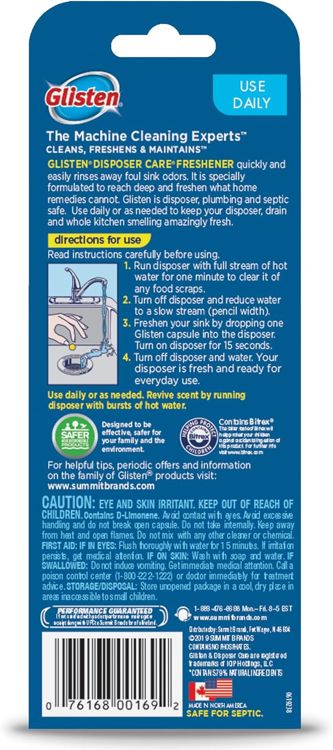 Glisten Disposer Care Freshener, Odor Eliminator, Quick & Easy-to-Use Garbage Disposal Freshener, Lemon Scent, 10 Use